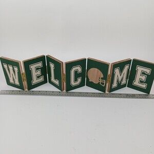 Wooden Block Hinge Foldable Green Welcome Sign Football Theme Free Standing